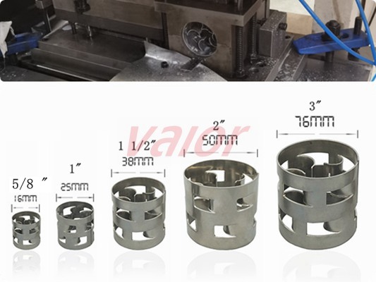 Metal pall ring size options: 16mm (5/8 inch), 25mm (1 inch), 38mm (1.5 inch), 50mm (2 inch), 76mm (3 inch).