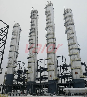 Industrial distillation tower used for purifying and refining crude oil into various petroleum products.
